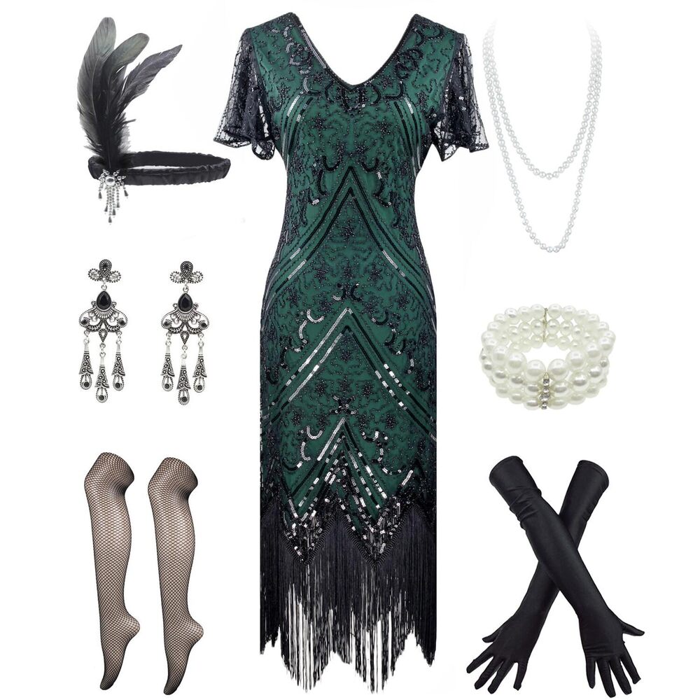 5759 1920s Sequin Beaded Tassels Hem Flapper Dress With 20s